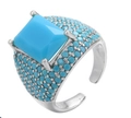 Silver boho open ring featuring a square blue-green stone and micro-paved blue crystals - Adjustable Open / Silver-Turquoise Zirconia