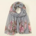 Grey floral sheer scarf with pink flower print in lightweight voile fabric - Grey Pink Floral