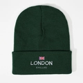 Dark green knitted beanie featuring embroidered London England logo and Union Jack flag - Dark Green