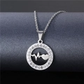 Silver stainless steel heartbeat necklace with hollow circle pendant and crystal halo - NZ1 Heartbeat Heart