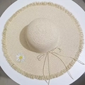 Beige straw sun hat with daisy embroidery, tassel brim, and elegant string bow tie - M (56-58cm) / Beige (Daisy Embroidery)