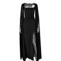 Elegante abito nero lungo fino a terra con scollo quadrato, scialle e spacco alto - S / Nero