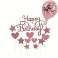 Rose gold glitter Happy Birthday cake topper set with sequin balloon and star shapes - Rose Gold Set 08