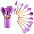 Close-up of a 12-piece purple silicone kitchen utensil set with wooden handles and bucket - Small Bucket Style / Purple