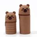Brown bear silicone telescopic pencil case showing folded and expanded storage states - Bear Foldable
