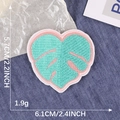 Mint green monstera leaf embroidered heart patch with pink border for clothes - 5.7cmx6.1cm
