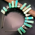 Handcrafted gothic crystal crown with natural raw green turquoise stones on silver headband - Amazonite + Antique Silver Crow + White Gold Tone Headband