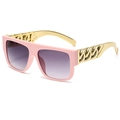 Pink fashion sunglasses with oversized frames and thick golden chain temples for women - Pink Frame Gold Leg Double Gray Lens