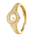 Adjustable gold watch-shaped ring with zircon bezel and textured band for couples - Gold Inlaid Rhinestone Round Face (7515)