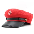 Close-up of red cotton sailor cap with black PU leather brim and silver anchor badge - 54-60cm(Adjustable) / Red