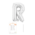 Silberner Buchstabenballon R aus Folie mit Papierkartenverpackung und Strohhalm - Buchstabe R / Silber