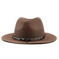 Detailed texture of brown straw fedora featuring a vintage belt with metal cross and feather - M (56-58cm) / Brown