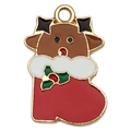 Christmas DIY reindeer charm with brown and red enamel and gold-plated metal frame - Christmas Sock Reindeer 22x15mm