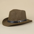 Men's summer straw fedora hat in brown with black band and metallic buckle detail - M (56-58cm) / Coffee