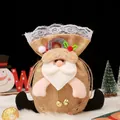 Linen Christmas gift bag featuring 3D Santa Claus design and white lace trim detail - Linen Drawstring Lace Santa