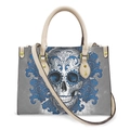 Women's PU leather tote bag featuring a colorful Mexican sugar skull print and beige trim - Blue Textured Skull - Off-White Strap