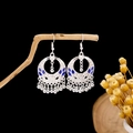 Ethnic silver-plated drop earrings with blue leaf accents and beaded tassel fringes - Silver Blue Hollow Tassel(E2190-3)