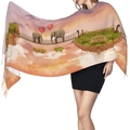 Detailed view of women's cashmere scarf featuring elephant bridge design at sunset - Sunset Elephant Pattern