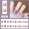 Uñas postizas moradas con purpurina dorada y diseño de mármol, set de 24 piezas oval - Y-74 Morado Oro Mármol Brillo