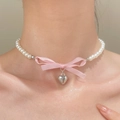 Choker de cinta rosa con perlas blancas y colgante de corazón de plata mujer - Lazo de Perlas Corazón de Plata (K-335)