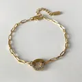 14K gold plated stainless steel paperclip bracelet with zircon circle charm - Rhinestone Circle Pendant Paperclip Chain (XBL0019-2) / Gold