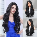 Long wavy black T-part lace front wig with natural synthetic fibers for a realistic look - 70cm / Smoky Black Marble