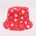 Red bucket hat with pink heart patterns and Love text print for Valentine's Day style - Red All-over Heart Graffiti Style