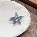 Detail of blue rhinestone star hair clip with silver metal base on a white vintage plate - Hollow Star / Blue