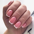 Short square-oval press-on nails with nude base and classic white French tips - French Short Square-Oval Style (JP2158)
