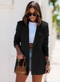 Women's black double-breasted blazer styled with casual blue denim shorts for urban streetwear - S / Black