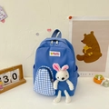 Blue kids backpack with plaid pocket and cute white plush bunny doll for toddlers - Blue