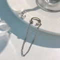 Minimalist silver ear cuff with metal chain and woven texture on a white ceramic plate - MY32837-Silver Braided Texture Long Chain Combo