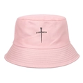 Cappello a secchiello rosa in cotone con ricamo a croce nera in stile street - Rosa
