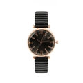 Elegante Damen-Quarzuhr mit schwarzem strukturiertem Band und Roségold-Strass-Zifferblatt - Schwarzes Elastikband