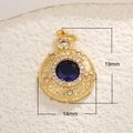 Detailed view of vintage gold-plated round pendant with blue crystal and star engraving - A0211-Gold Round Starburst Blue Gem
