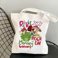 White canvas tote bag with retro mushroom frog band print on a black metal chair - C6-Morning Concert Frog (No Zipper No Pocket)