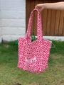Pink canvas tote bag with red leopard print and peach text lettering design - Pink Leopard