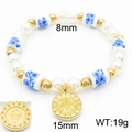 Vintage pearl bracelet with blue floral ceramic beads and a gold religious pendant - Blue And White Porcelain Medal Style (KB183017-BH)