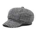 Classic black and white houndstooth newsboy cap with gold thread tweed texture - White