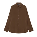 Deep brown long sleeve poplin shirt for women with smooth drape texture and buttoned front - XS / Dark Brown