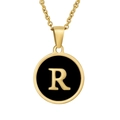 18K gold plated necklace with a black enamel round pendant featuring the letter R - Black Enamel Letter R