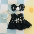 Schwarzes Tweed-Kleid Set mit Kamelie und Perlenkette für 17cm Plüschpuppen - Passend für 17cm Puppe / Tweed Kamelienkleid 3-teiliges Set / Schwarz