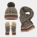 Dettaglio set invernale in maglia kaki con motivi jacquard e guanti per touch screen inclusi - Cachi