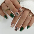 Unghie finte quadrate corte con stampa leopardata e design verde scuro lucido chic - Tipo di Colla