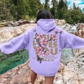 Lavender purple oversized hoodie with cherry blossom print and Jesus Loves You text - S / Lavender