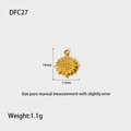 Detail of 14mm gold-plated stainless steel sunburst pendant with size specs and weight - Sunburst Charm (DFC27)
