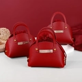 Three red leather wedding favor bags with gold accents and Sweet Love engraving - Red
