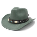 Unisex summer straw cowboy hat in vintage turquoise with leather band and metal studs - M (56-58cm) / Water Lily Green
