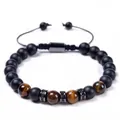 Matte black stone and tiger eye beaded bracelet with zircon metal spacers - Style-2 (Black & Brown Tiger Eye) / To My Grandson