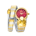 Detailed view of luxury snake-shaped watch with red dial and crystal-studded gold bezel - Two-tone Gold Red Dial
